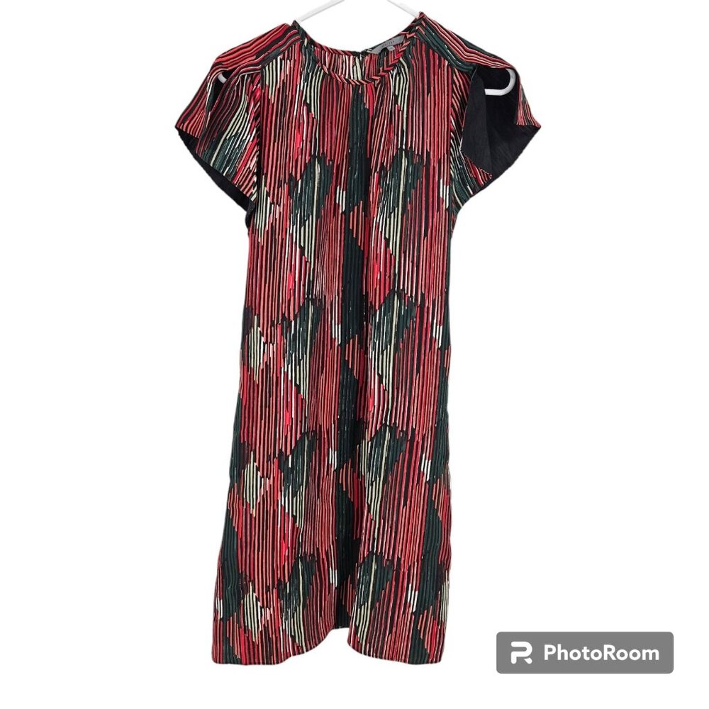 Maiyet Shift Dress Black Red Silk Striped Abstract Flutter Sleeve Mini Size 36